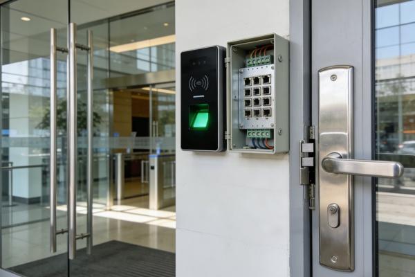 Access control and low-voltage installation at a commercial building entrance