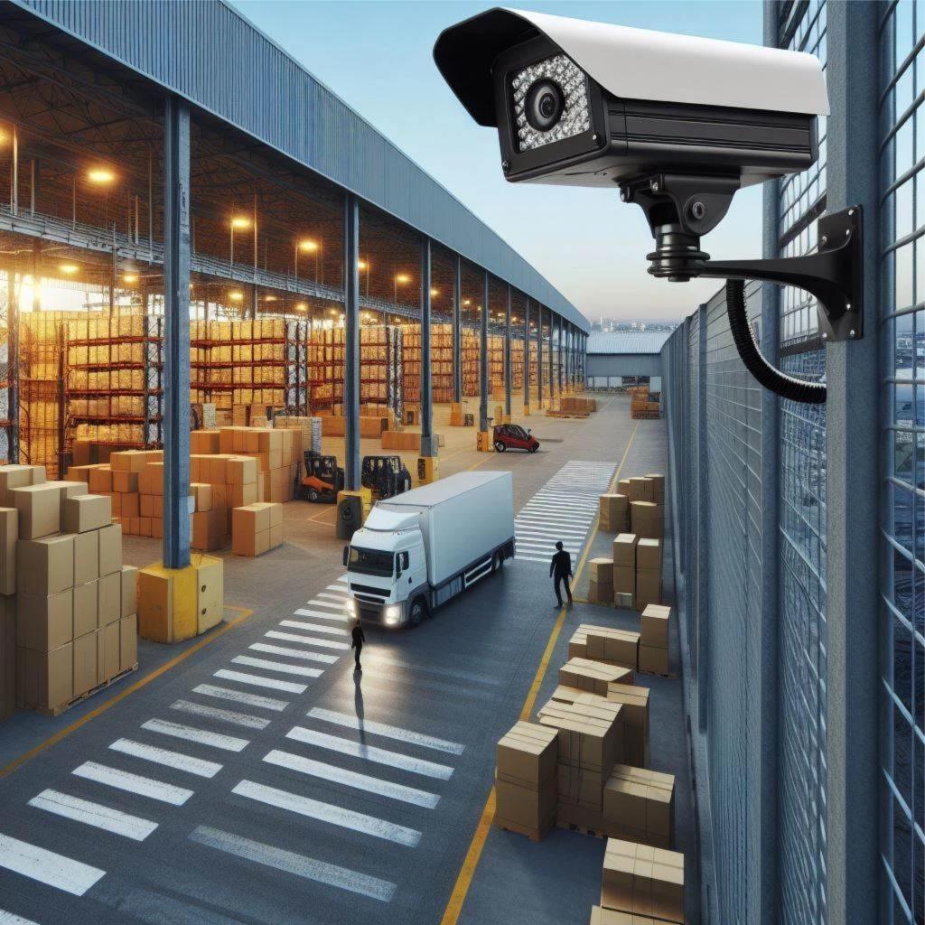 Security camera installation overlooking a warehouse and loading dock
